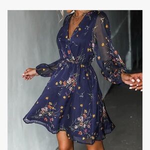 Floral Chiffon Dress - Navy
